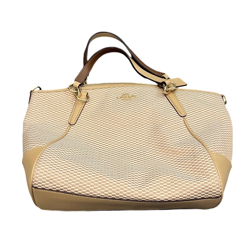 Coach Satchel Bag Womens Medium Beige Tan Woven Leather Trim Crossbody Strap